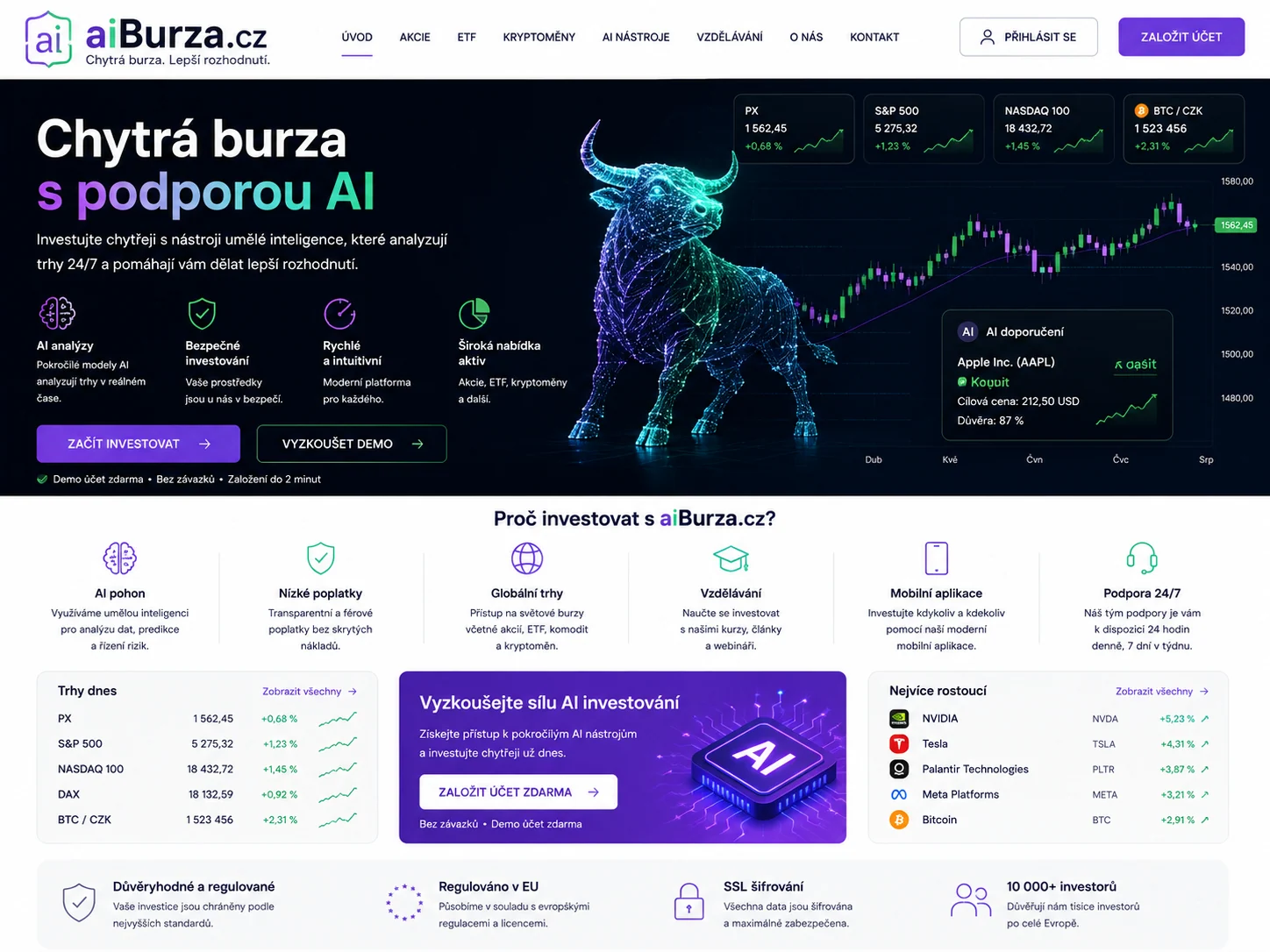 Vizuální návrh možného projektu aiBurza.cz zaměřeného na tržiště AI řešení a datové nástroje pro trhy